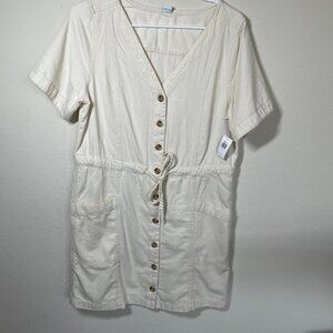 Old Navy Dress Womens M Short Sleeve Button Utility V Neck Knee Length Beige NWT